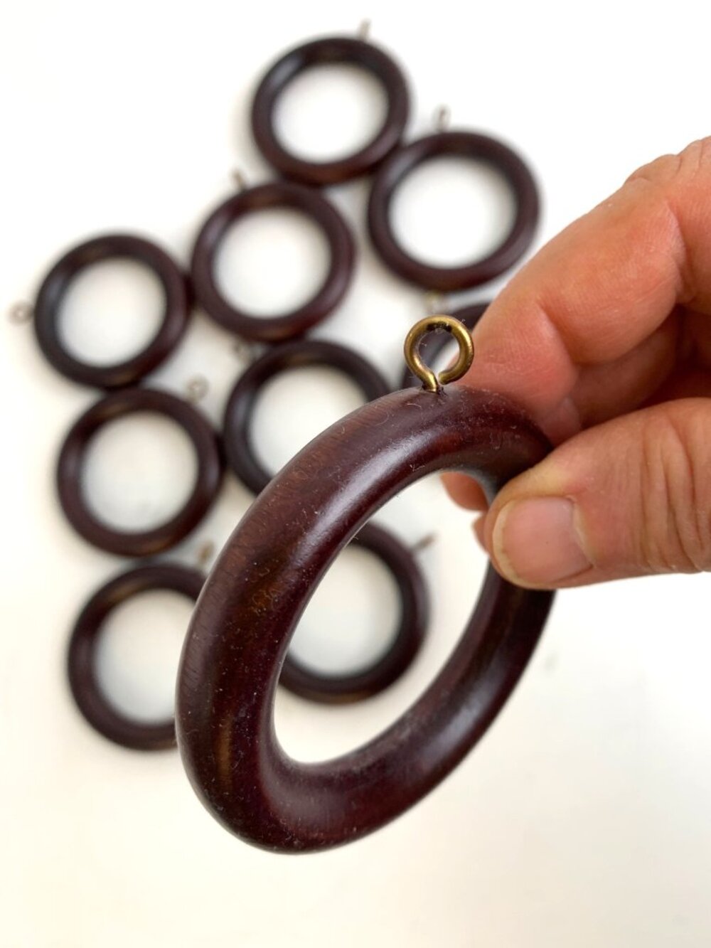 VTG 90s Set Of 10 Large Wooden Curtain Rings With Hooks EUC Dark Brown Finish